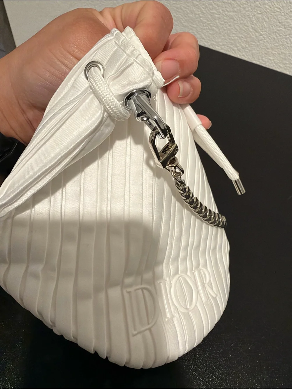 Dior Beauty White Pleated Drawstring Pouch Bag + Added Chain Strap